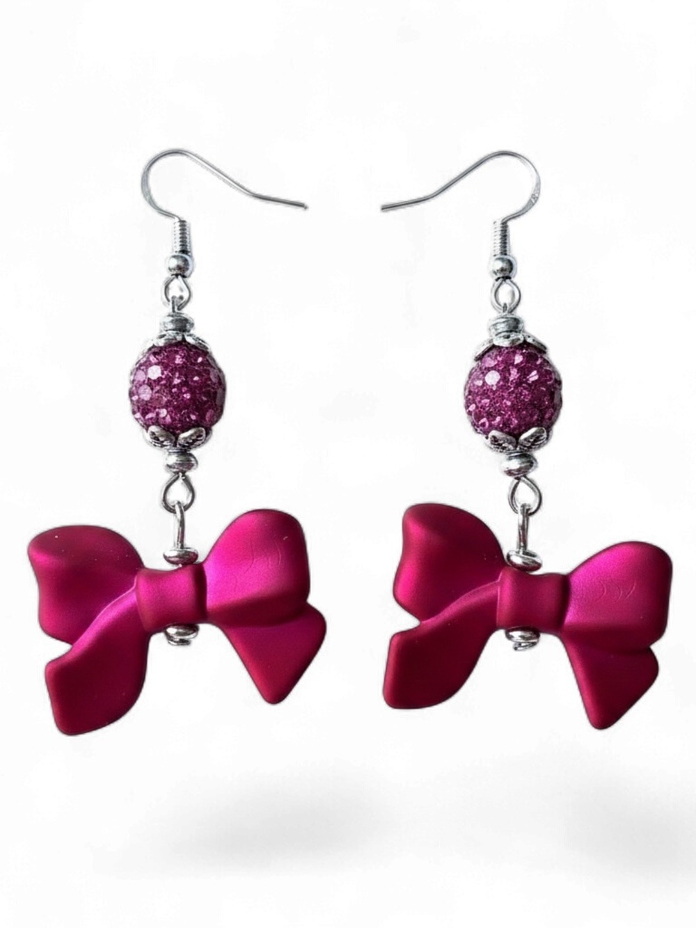Elegant Fuchsia Bow and Sparkling Rhinestone Earrings